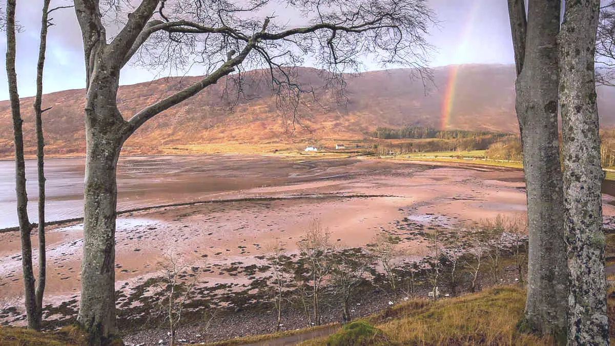 A landscape view of Applecross bay in autumn. Taken from the tree line looking out across a sandy bay to a hillside. At the foot of the hill are two white buildings. One is a church.