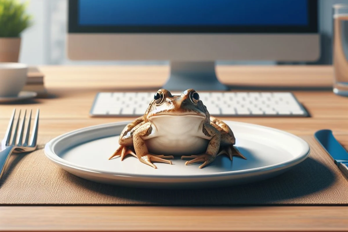 A frog sitting on a plate on a desk with a computer in the background. there is a knife and fork beside the frog